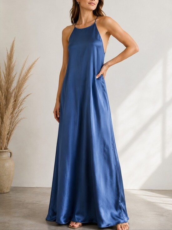 a new day Dresses & Skirts - A New Day Blue Satin Maxi Dress XL Tie Back Slip Dress Elegant Minimalist NWT